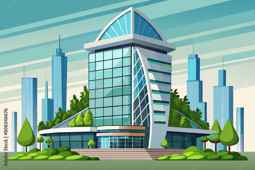 Poster Illustration of a futuristic building with curved and angular glass structures, topped with green roofs and surrounded by lush greenery, set against a background of blue sky and fluffy clouds.