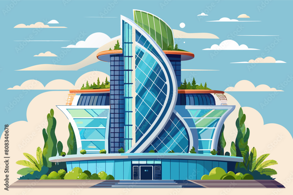 Fototapete Illustration of a futuristic building with curved and angular glass structures, topped with green roofs and surrounded by lush greenery, set against a background of blue sky and fluffy clouds.