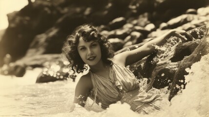 Elegant Woman in White Bikini Enjoying the Seaside, Vintage Style Beach Photo