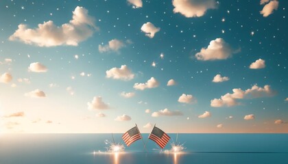 4th of July, USA, Presidents Day, Independence Day, Memorial day, Election, composition of miniature American flags and sparkler with blue sky backround.