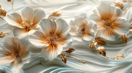 golden 3D flowers on a light background wallpaper