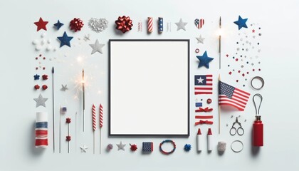 4th of July, USA, Presidents Day, Independence Day, Memorial day, Election, symbolic items, patriotic colors, small American flag, red, blue, white, stars, fireworks with space for text.