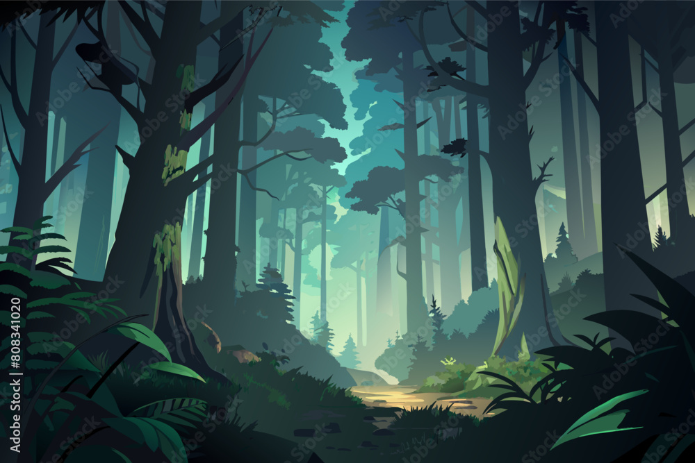 Poster stylized illustration of a dense forest with high trees, soft beams of light filtering through folia
