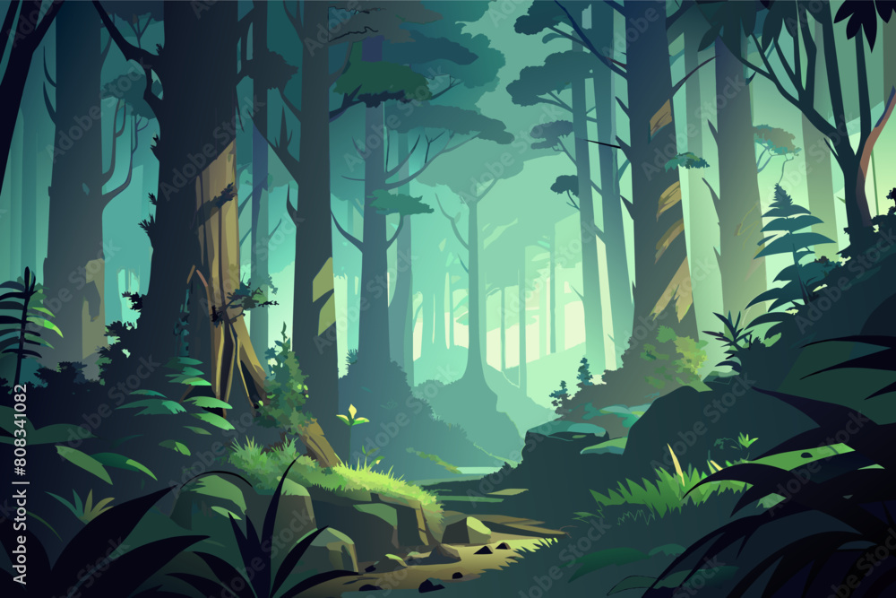 Poster stylized illustration of a dense forest with high trees, soft beams of light filtering through folia