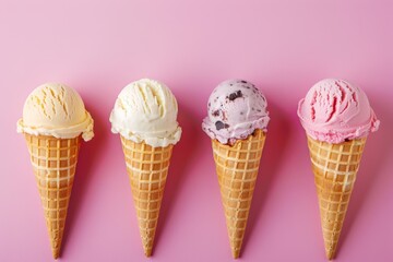 four different flavor ice cream cones on pastel pink color background. 