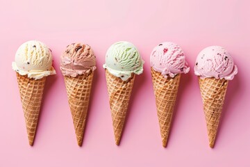 five different flavor ice cream cones on pastel pink color background. 