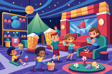 Colorful illustration of five children and two robots playing various games in a vibrant, futuristic game room with decorations like stars and a large soccer ball display.