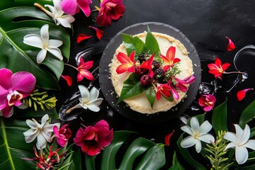 flat lay with cheesecake and tropical flowers on black background view from above. Popular dessert at cafe.