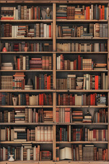 Generative AI illustrations of a big large bookcase with many books. Banner background.