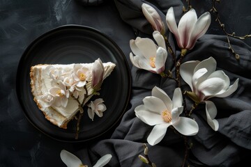 flat lay with cheesecake and spring flowers on black background view from above. Popular dessert at cafe.