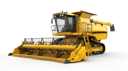 A modern yellow combine harvester on a white background, featuring a detailed cutter bar and intricate machinery designed for efficient agricultural harvesting.