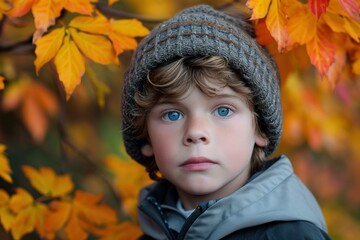 Close-up of a child with blue eyes wearing a knit cap against a backdrop of fall leaves