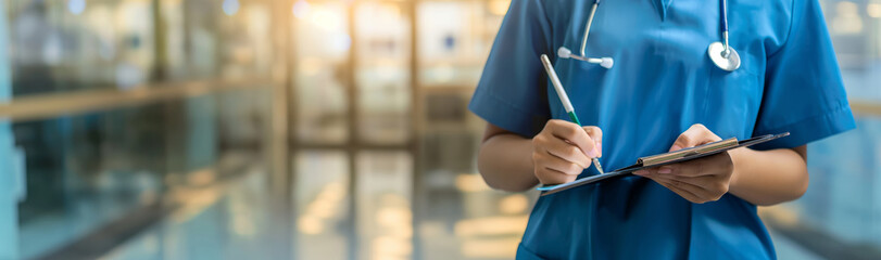 Close-up image of a healthcare worker in blue scrubs with a stethoscope around the neck, writing notes on a clipboard, standing in a well-lit hospital corridor