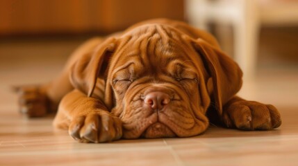 A little red dogue de Bordeaux puppy sleeps on the floor