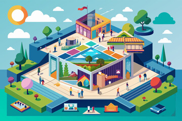 Isometric illustration modern school campus with multiple buildings, an outdoor basketball court, a swimming pool, solar panels, and green spaces, surrounded by trees and mountains