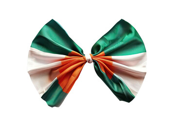 A green, white and orange bow tie, with a shiny texture. It is isolated on a transparent background