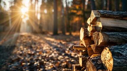 A well stacked pile of cut wood in the forest with copy space on blurred background, deforestation wood cutting concept, environmental issue, world environment day, 