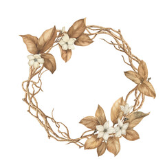 Watercolor flower wreath. Dried sepia hand drawn branches with flowers. Tobacco flowers Perfects for cards, invitations, packaging