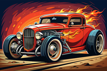 Illustration of a classic red hot rod with flame decals driving on a road, set against a fiery, swirling orange background.