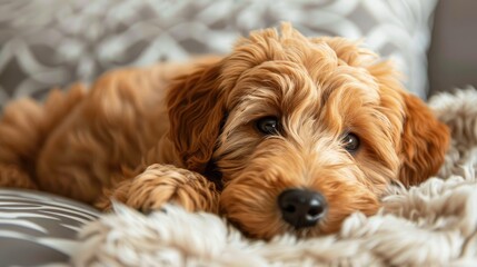 A photo of a brown labradoodle puppy lying on the couch and looking at the camera