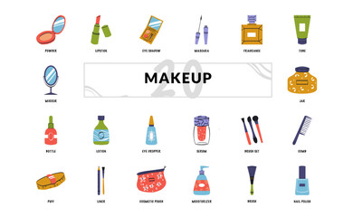 makeup cosmetic for beauty woman or female handdrawn doodle icon set