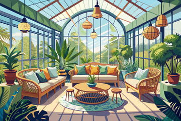 Bright and cozy sunroom filled with lush plants, featuring comfortable sofas, a wooden coffee table, and large windows offering a view of a garden.