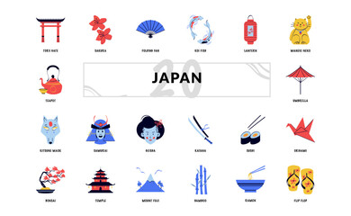 japan asia culture and tourism vacation handdrawn doodle icon set