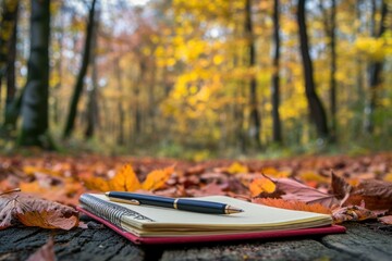 Open notebook and pen on forest floor surrounded by colorful autumn leaves