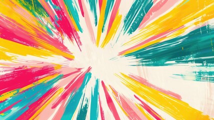 Bright and joyful brushstrokes in a radial pattern from the center, featuring party colors like pink, yellow, and teal.