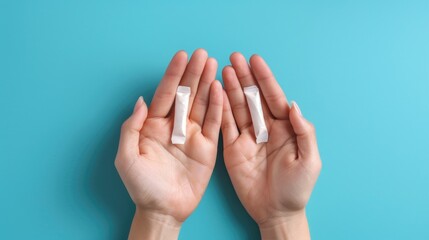  Close-up of female hands holding tampons against blue