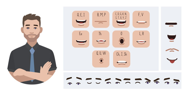 Business man avatar creation suitable for animation. Generator, constructor of diverse eyes, lips, emotion expressions mouth animation and lip sync. Male character face construction.	