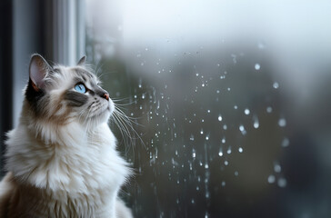 窓ガラス越しに梅雨の雨空を見つめるかわいいラグドール
