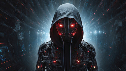 Cyberpunk hacker in futuristic future. Glowing eyes, wires, black hood complete his look. Concept of robotic artificial intelligence bot of future working with software viruses, darknet, cybersecurity