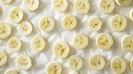 A top view of banana pieces cut into circles, artistically spread out to display their uniform thickness and natural color on a white surface