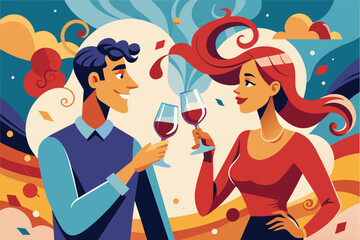 A cartoon illustration of a man and a woman cheerfully toasting with wine glasses. They have stylized, exaggerated features with the man in a blue shirt and the woman in a red top
