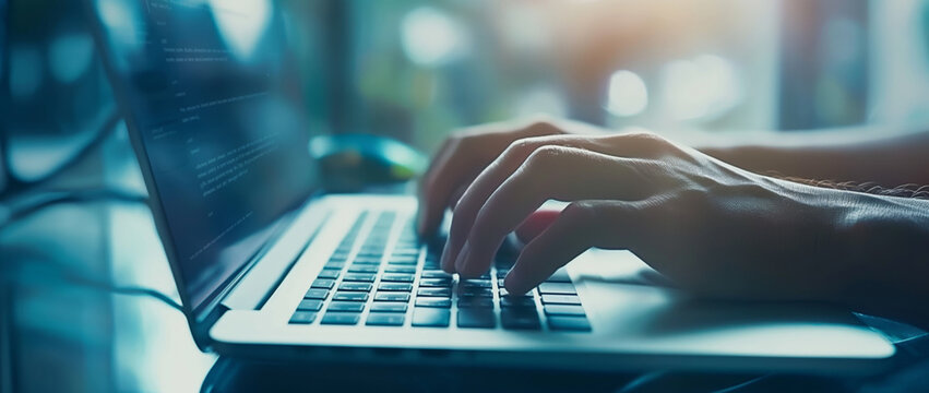 Close-up of a programmer's hands typing on a laptop keyboard, illuminated by the glow of the screen, highlighting the coding process in a technology-driven work environment