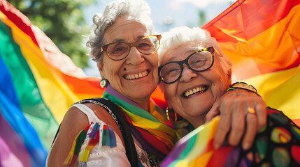 Happy senior lesbian couple embracing at pride month festival with rainbow flag. Smiling elderly gay women hugging. Candid inclusion 