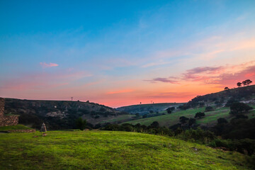 Sunrise in the field with colored sky in arcos del sitio in tepotzotlan state of mexico