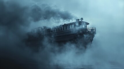 Fototapeta premium An ethereal train appears through the dense fog, creating a strong, eerie and suspense-filled scene with cinematic appeal