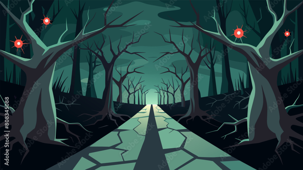 Poster a dark forest of neurons with jagged pathways and dead ends depicting the potential damage and disru