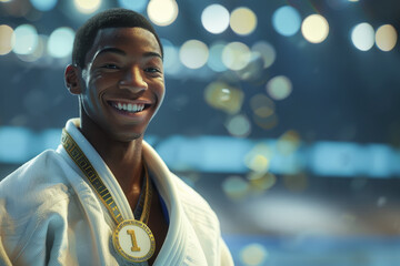 African American judoka posing happy with champion medal, on out of focus background of an Olympic stadium