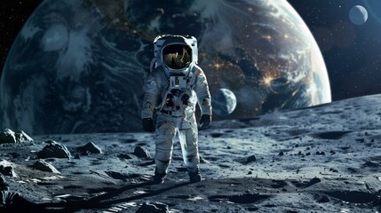 Astronaut Walking on the Moon with Earth in Background.