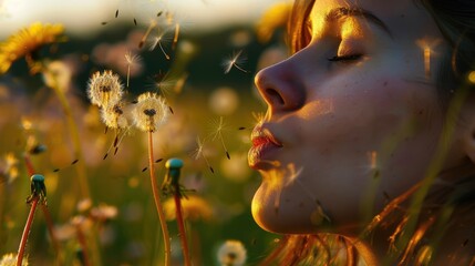 A woman is joyfully blowing dandelions in a field, creating a fun gesture in closeup macro photography. The delicate plants form a circle, resembling a beautiful piece of art AIG50
