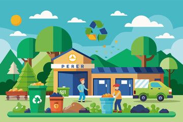 community recycling center with people recycling materials. There are trees, and houses in the background, and small details suggesting a focus on sustainability, solar panels and recycling bins.