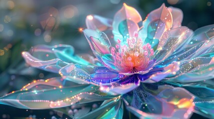 Iridescent fantasy flower. Multicolor mosaic decoration, three-dimensional, glossy effect. Beautiful illustration for poster, presentation, dreamy and fairy tale concept.