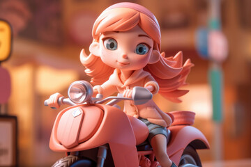Fototapeta premium A young girl happily sits on the back of a vibrant pink motorcycle, enjoying the ride