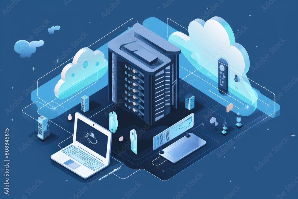 Poster a laptop and a phone are placed on top of a cloud in the sky, showcasing the concept of cloud comput
