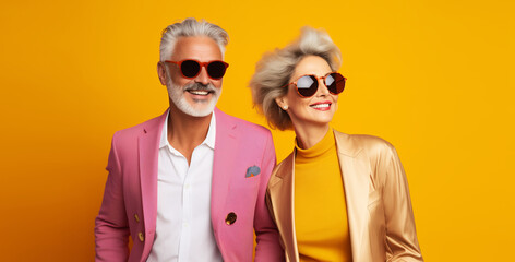 Portrait of stylish mature woman and man, modern trendy senior couple on colorful studio background