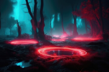 A dense forest at night, illuminated by eerie red lights emanating from the center, creating a mysterious and unsettling atmosphere