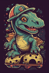 A t-shirt featuring a dinosaur riding a skateboard, showcasing a playful and unique design